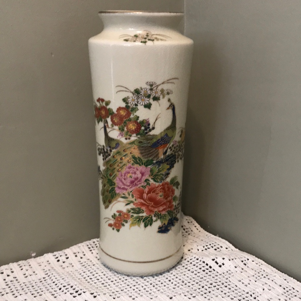 Vintage 12” Satsuma Double Peacock & Floral Ceramic Vase Made in Japan